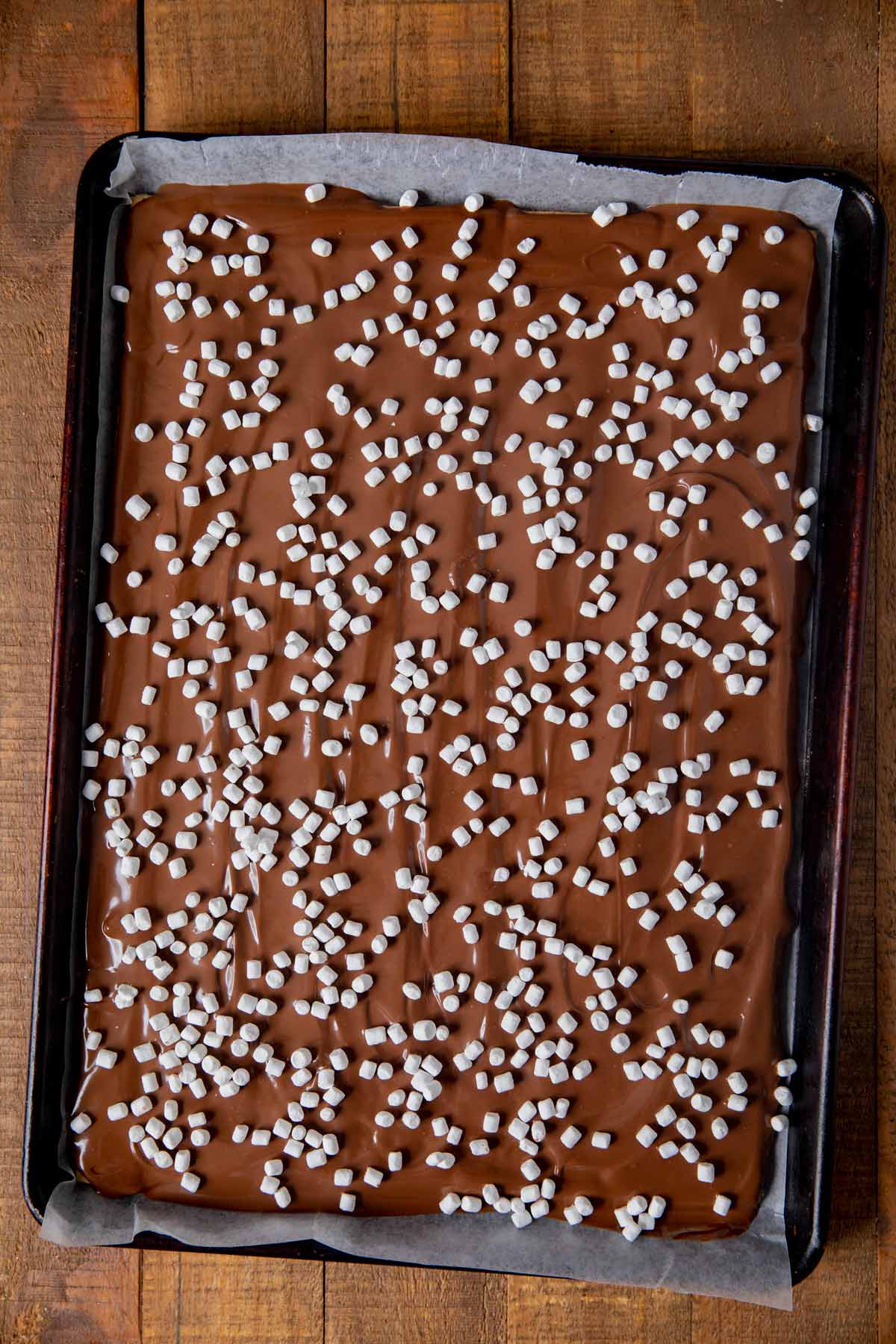 top-down view of S'mores Bark in baking pan