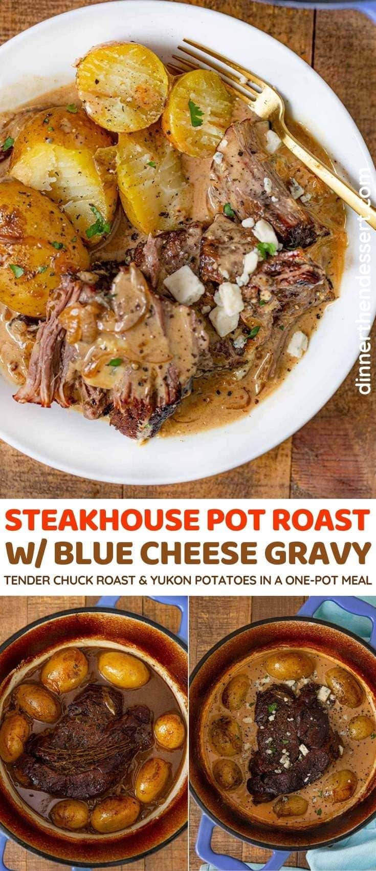 Pot roast in white bowl, meat and potatoes cooking in pot pin image