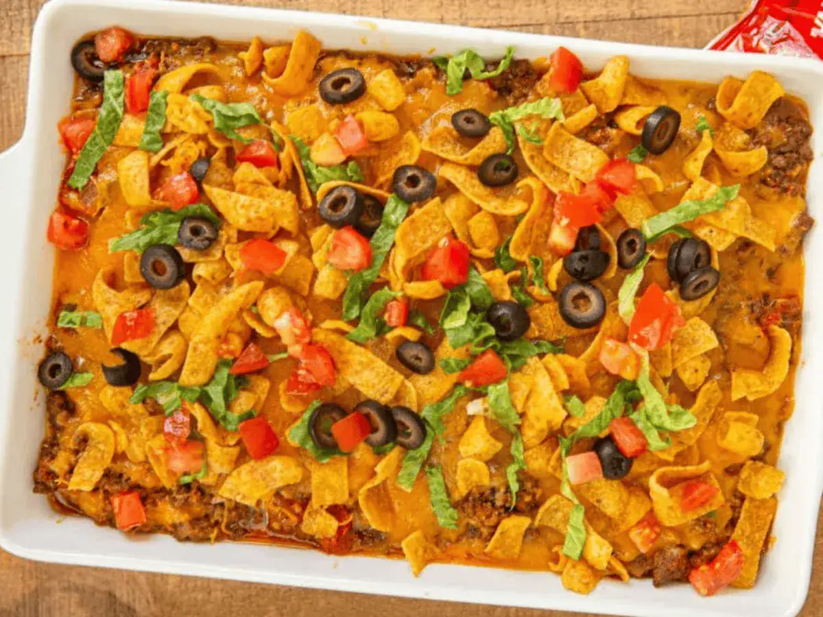 Casserole in baking dish with toppings