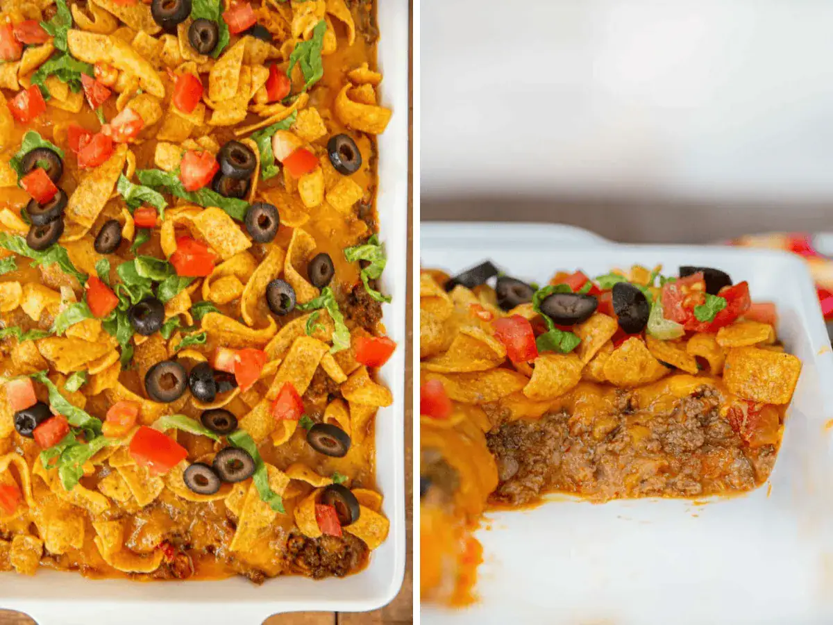 Collage of casserole in baking pan with scoop out
