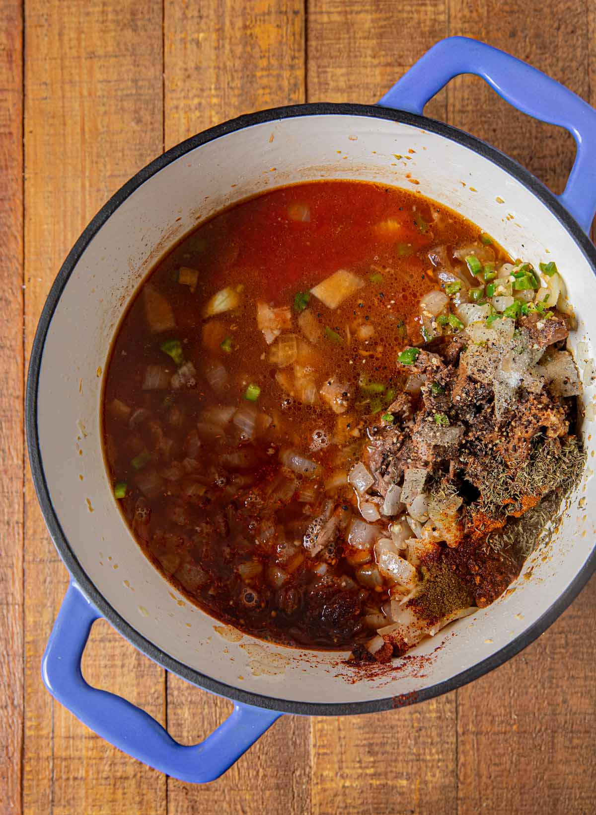 Texas Brisket Chili ingredients in pot