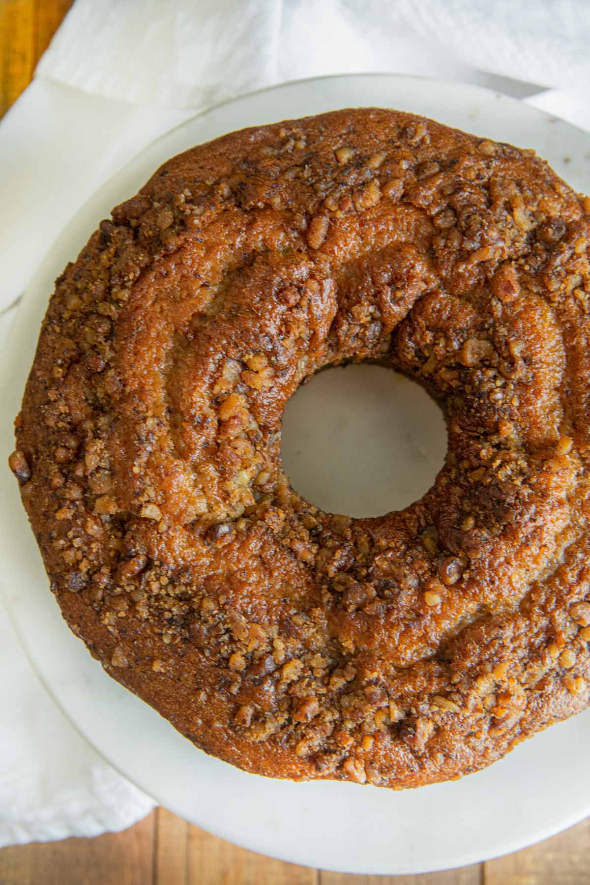 Walnut Bundt Cake top-down view on cake stand