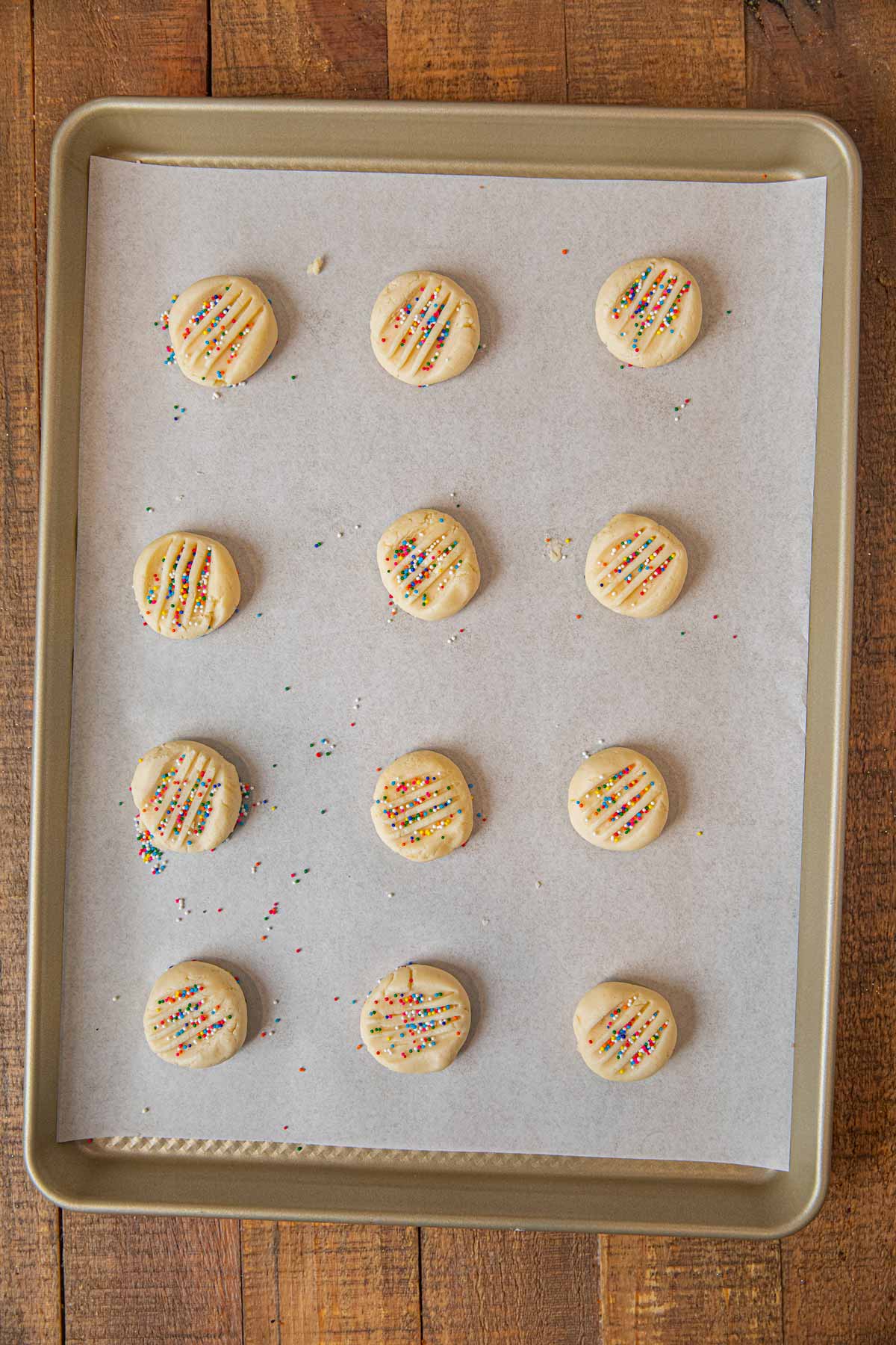 Whipped Shortbread Cookies on baking sheet before baking