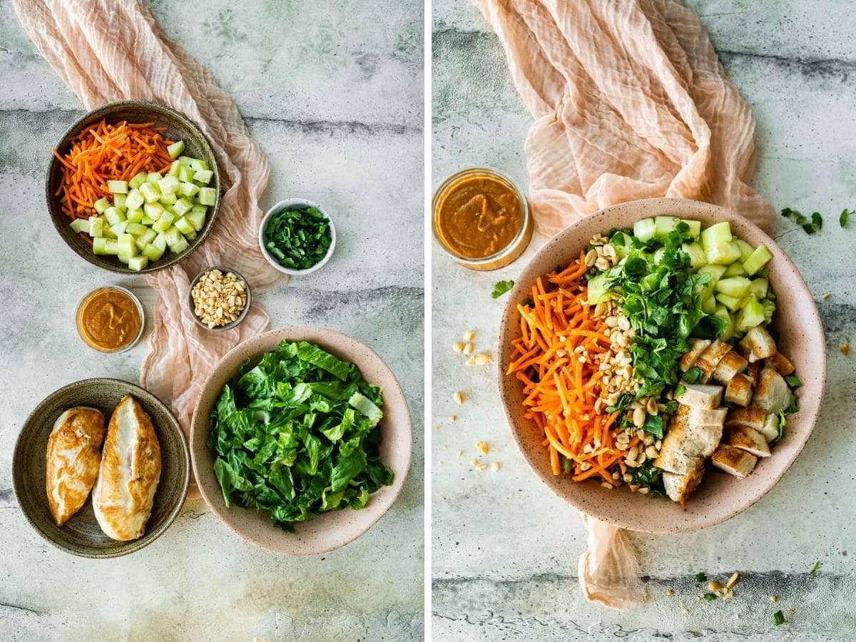 Asian Chicken Salad with Sesame Peanut Dressing collage