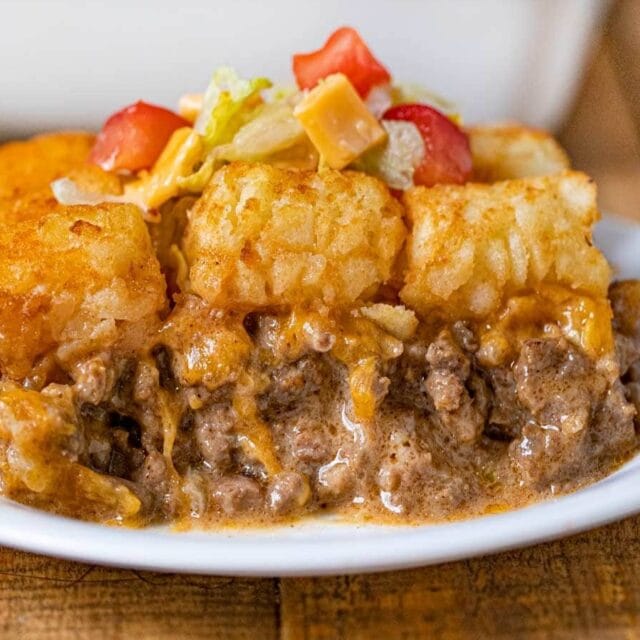 A white dish of Casserole ready to serve