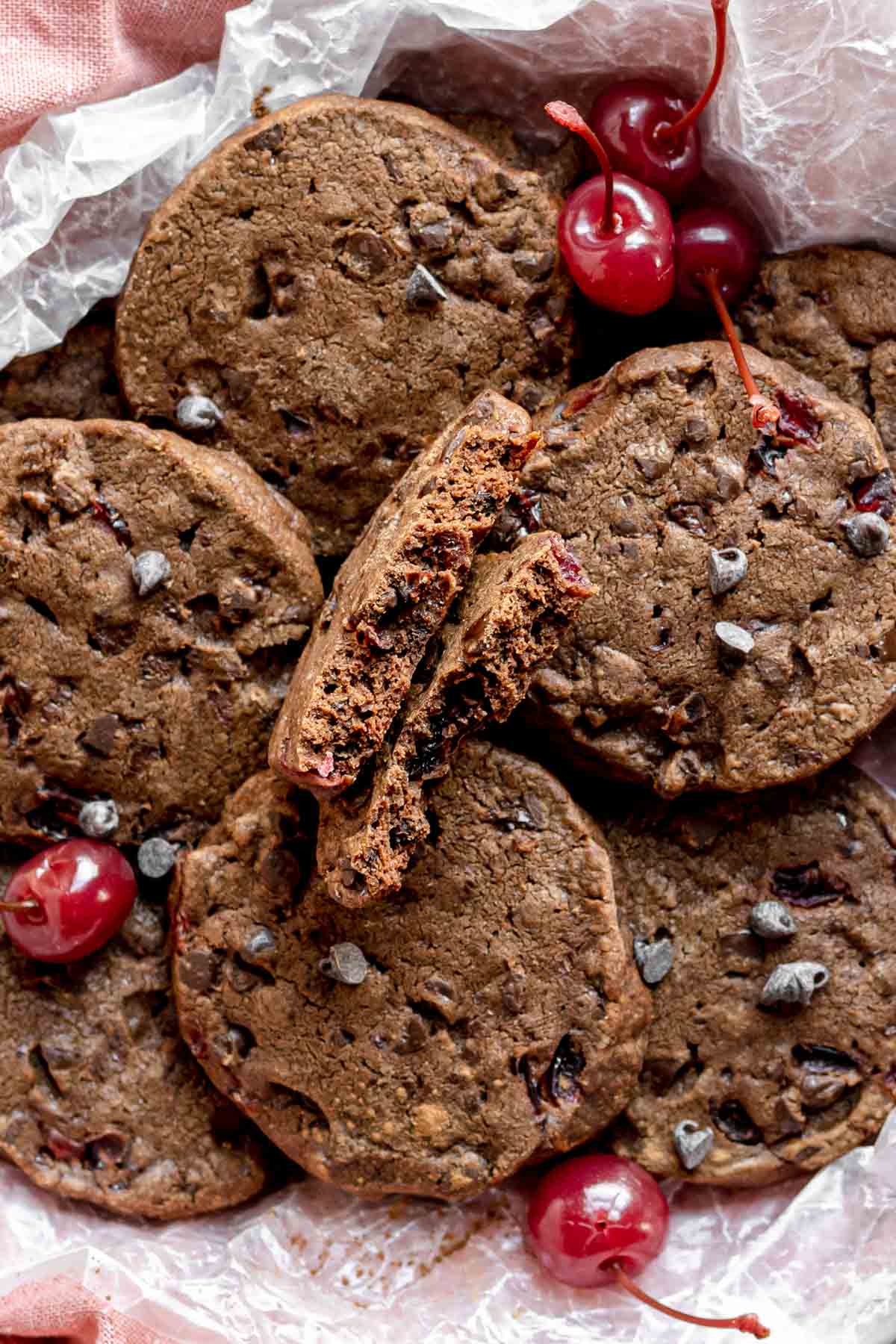 Cherry Chocolate Shortbread Cookies pile of cookies in a basket