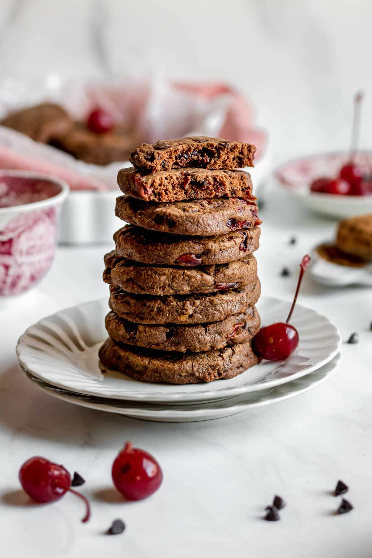 Cherry Chocolate Shortbread Cookies stacked on a plate