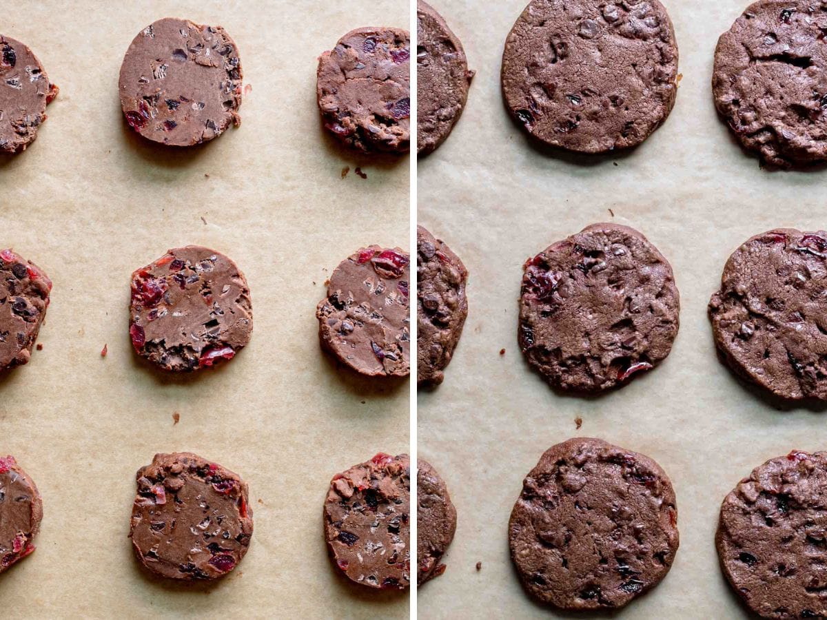 Cherry Chocolate Shortbread Cookies two panel collage of cookie dough on baking sheet and baked cookies on baking sheet