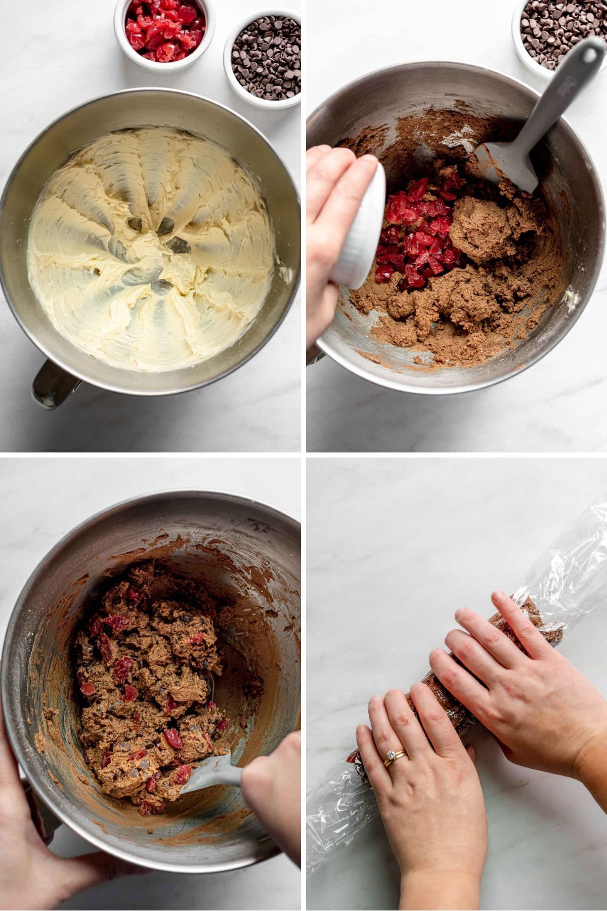 Cherry Chocolate Shortbread Cookies four panel collage mixing the cookie dough and rolling into a log