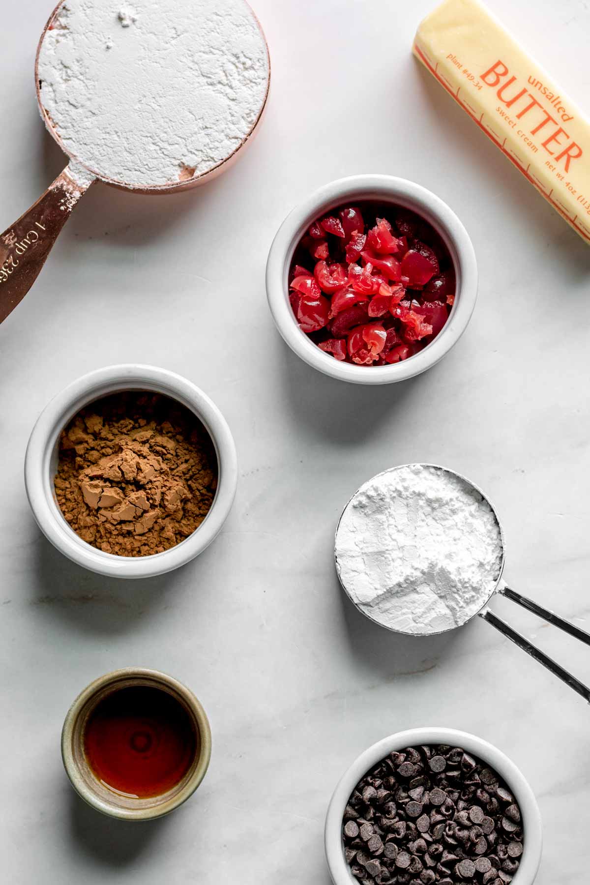 Cherry Chocolate Shortbread Cookies ingredients in separate bowls