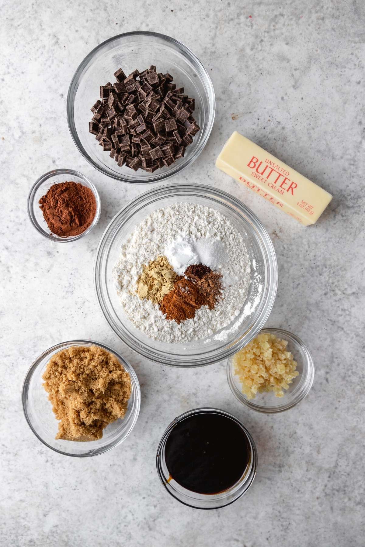 Chocolate Chunk Gingerbread Cookies ingredients in bowls