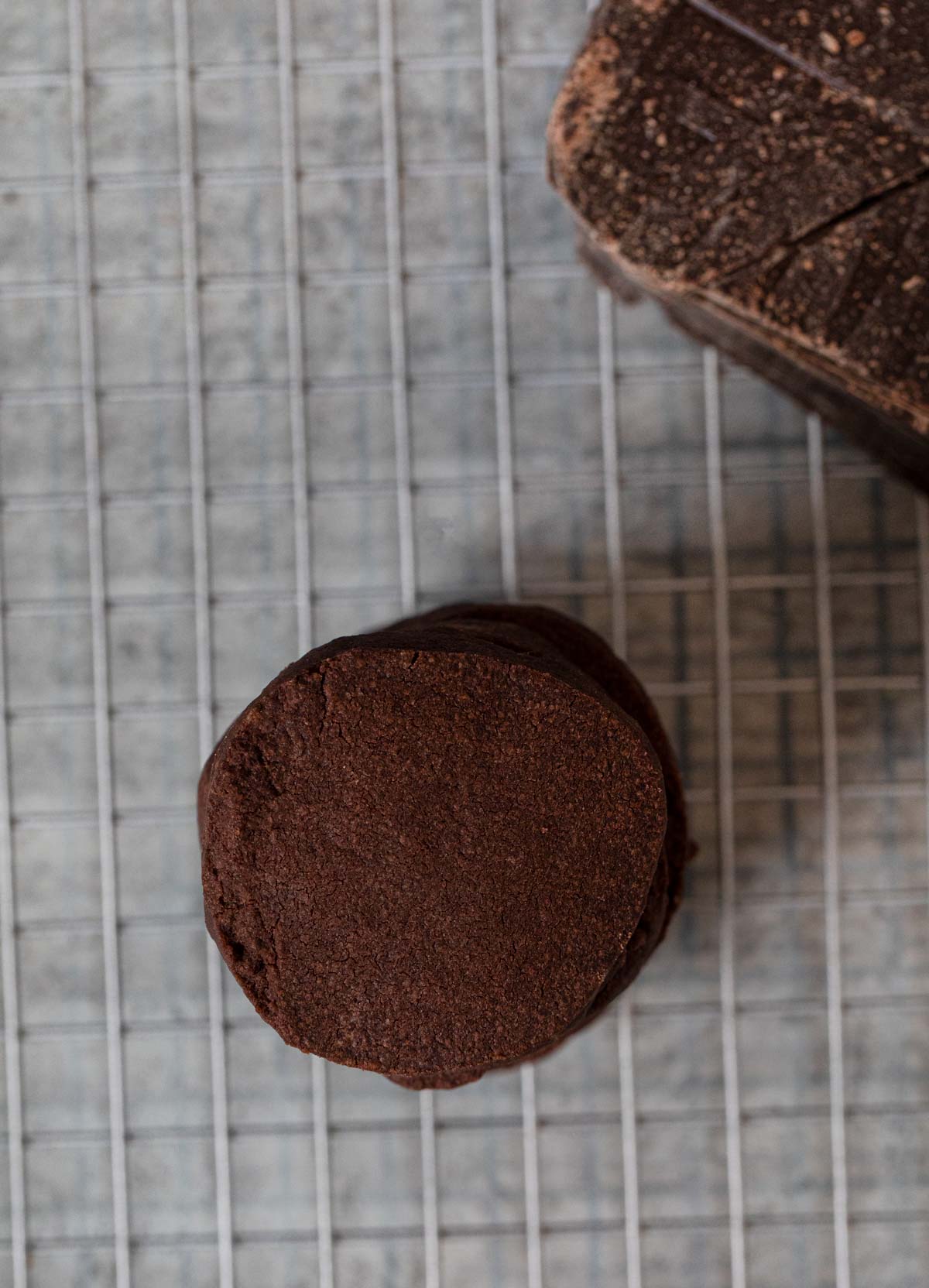 top-down view of Chocolate Shortbread Cookies in stack