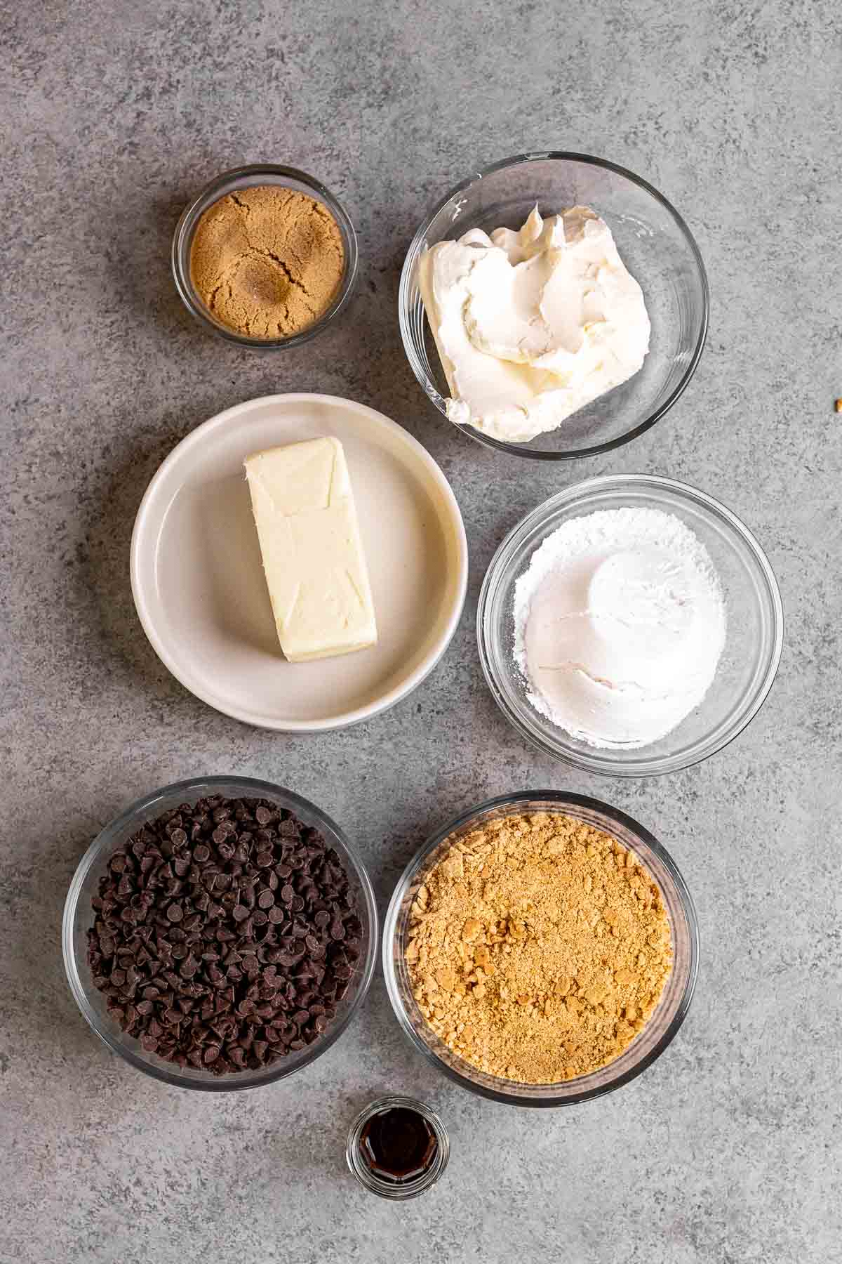 Ingredients for Cookie Dough Cheese Ball in prep bowls