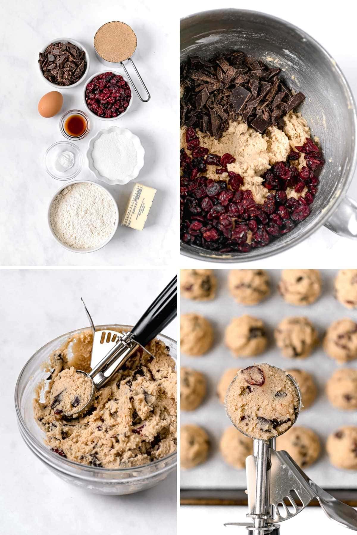 Cranberry Chocolate Chunk Cookies collage of prep steps