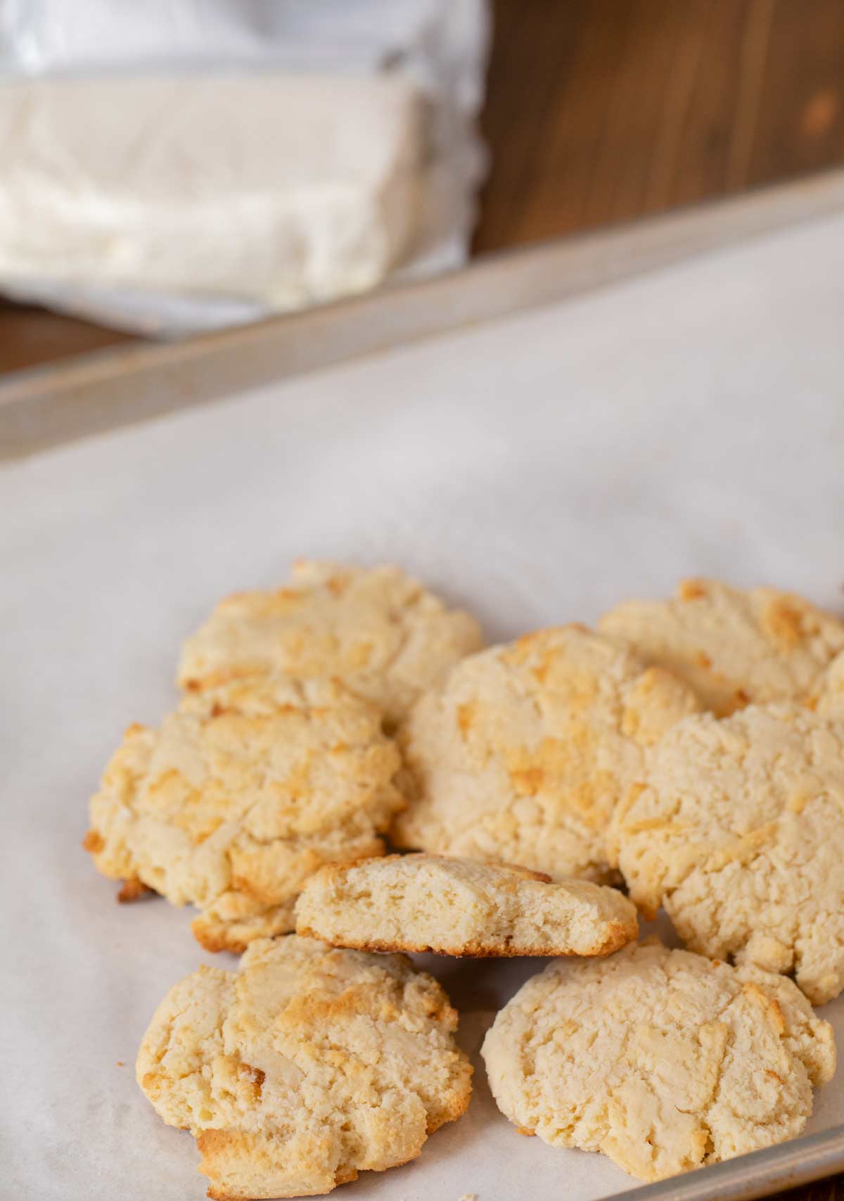 Cream Cheese Cookies in pile on cookie sheet