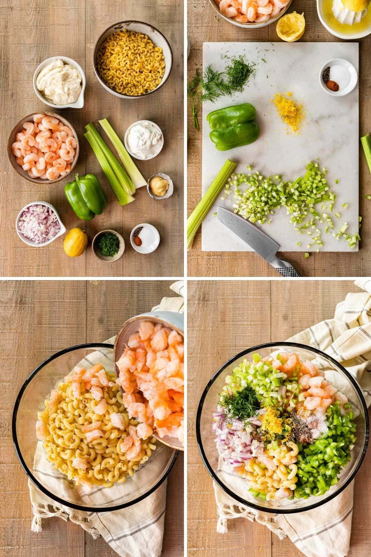 Creamy Shrimp Pasta Salad collage of prep steps