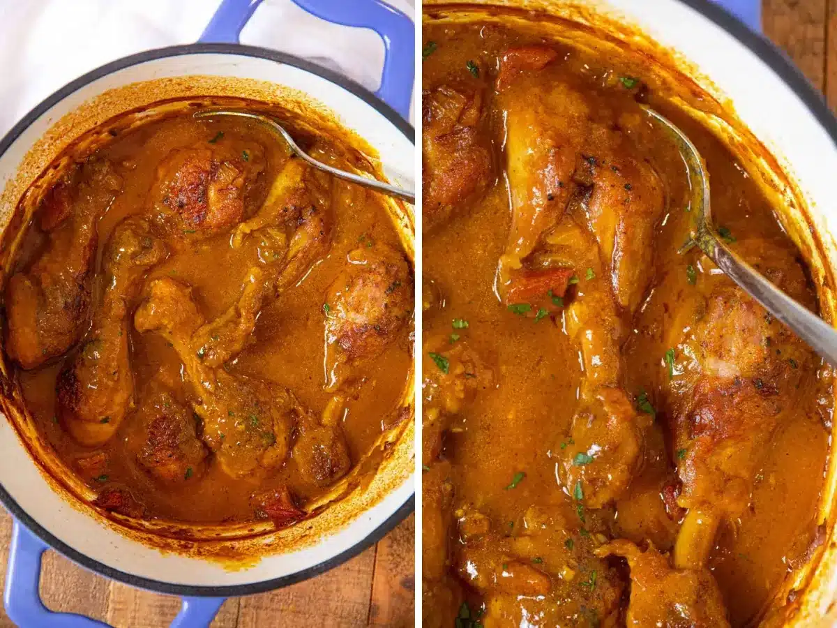 Collage of chicken in pot and close up