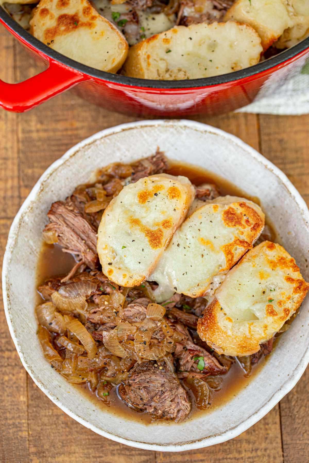 French Onion Pot Roast with Croutons and cheese in bowl