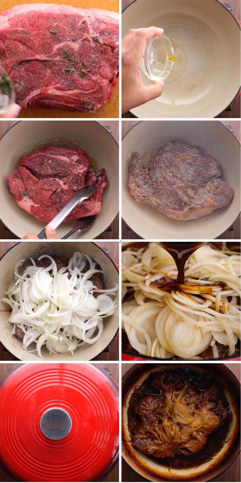 French Onion Pot Roast collage of prep steps