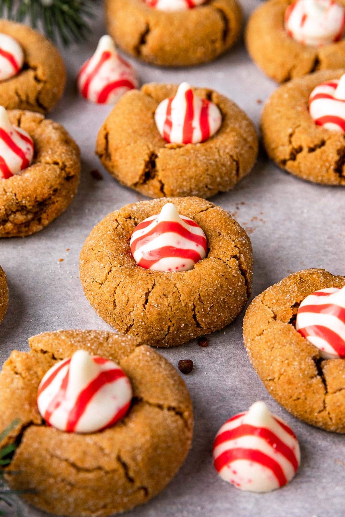 Gingerbread Kiss Cookies baked cookies spread out on parchment paper