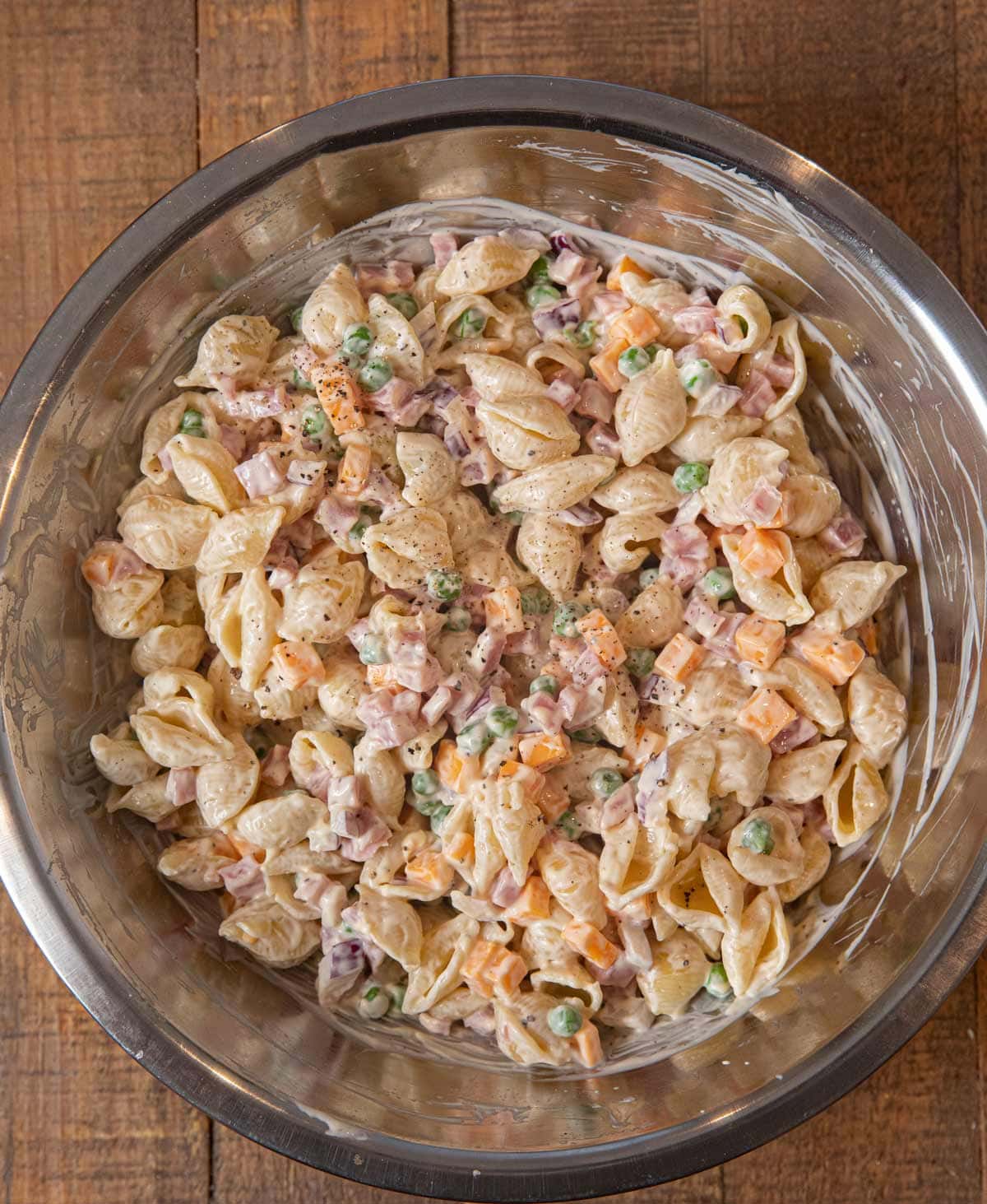 Ham and Cheese Pasta Salad in mixing bowl