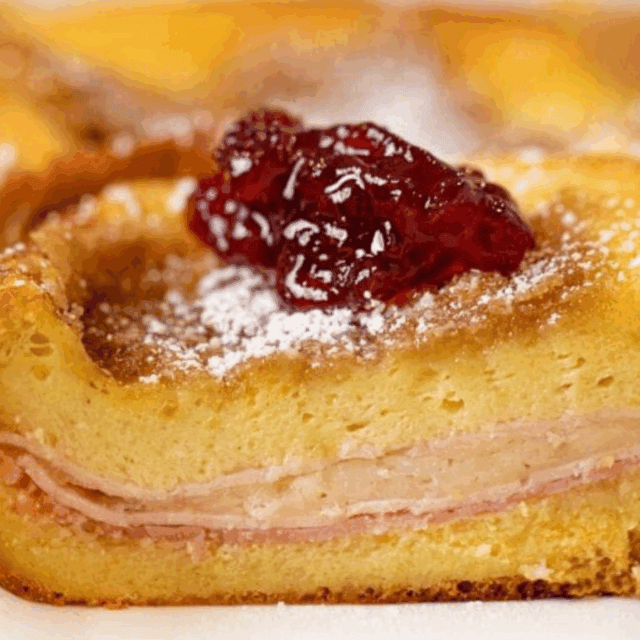 Close up slice of casserole