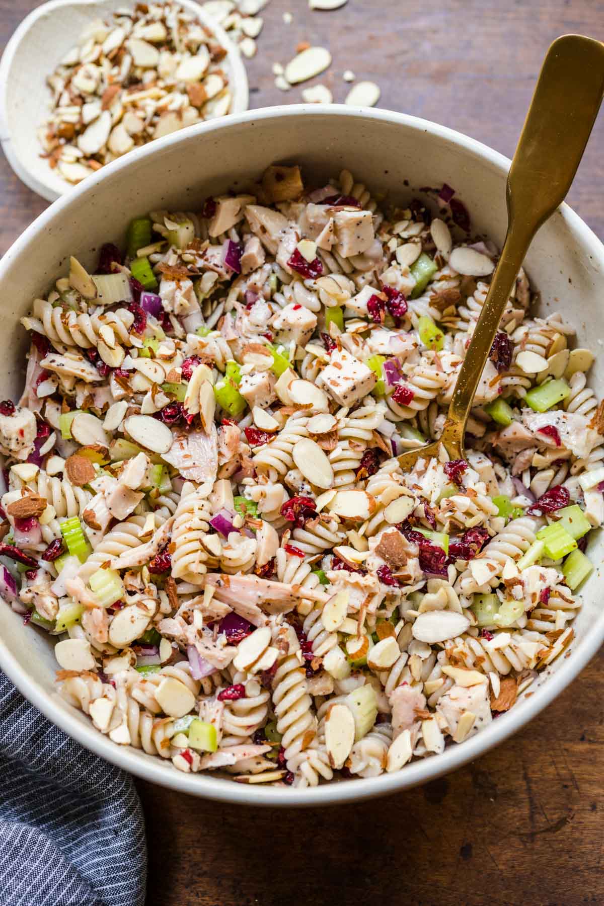 Poppy Seed Chicken Pasta Salad in serving bowl