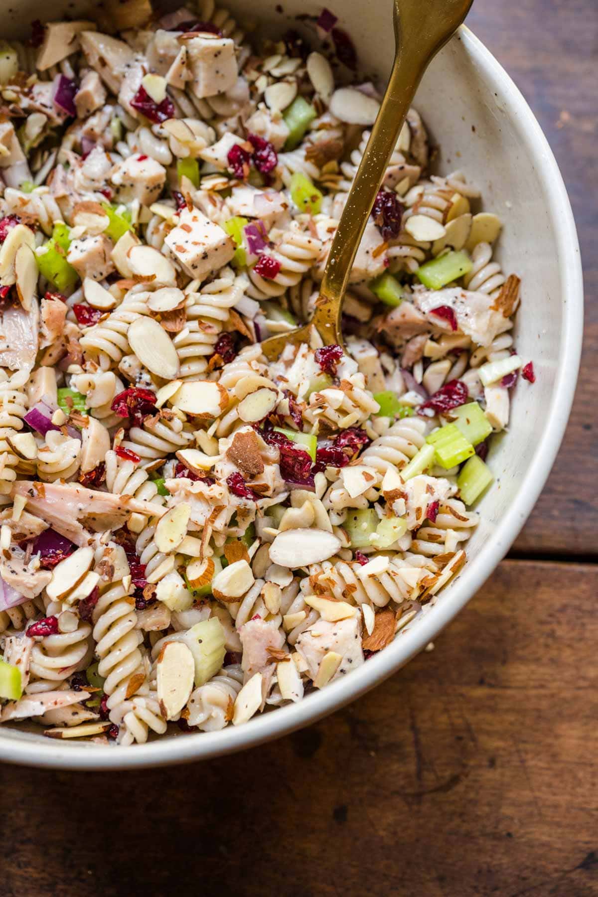 Poppy Seed Chicken Pasta Salad in serving bowl