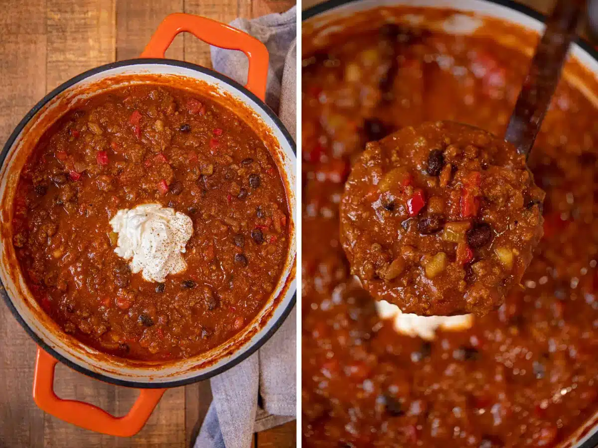 collage of chili in Dutch oven and ladle taking some out