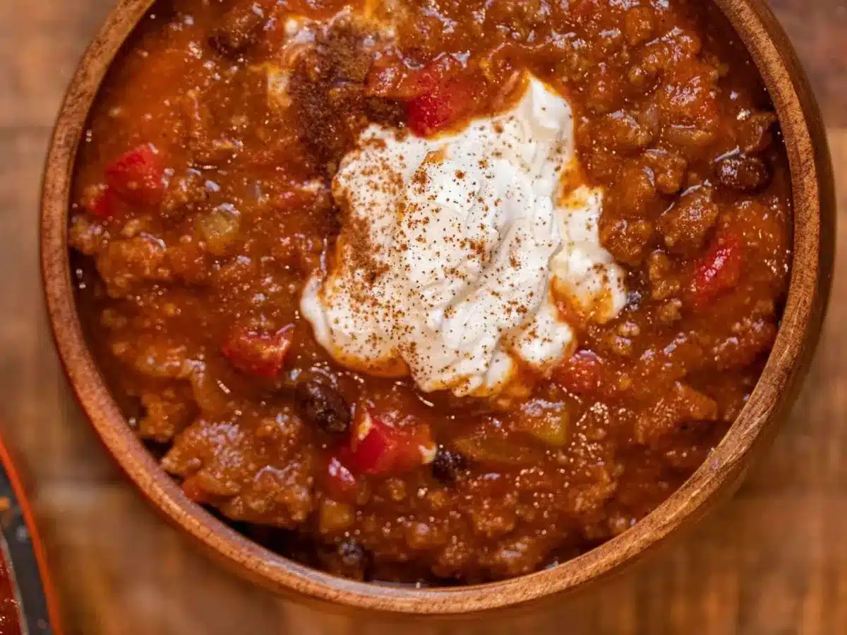 bowl of chili topped with sour cream
