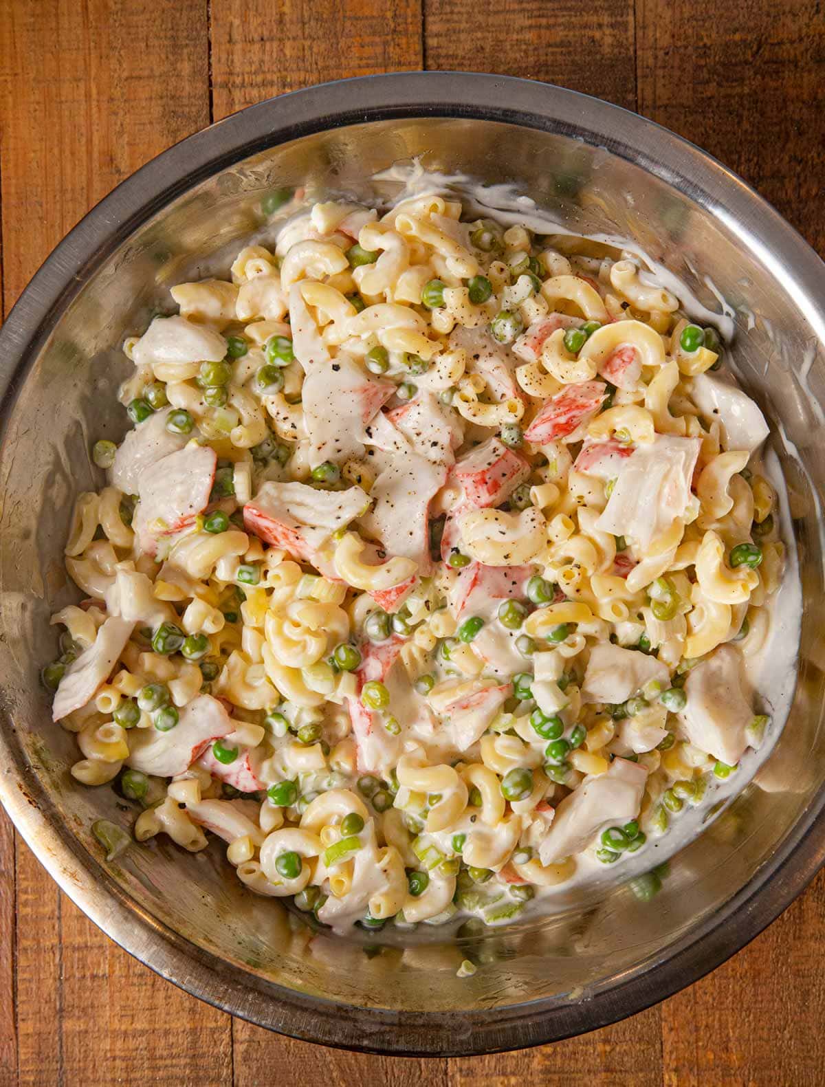 Seafood Pasta Salad in mixing bowl