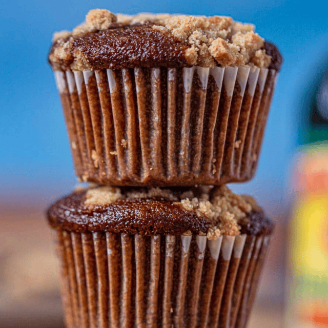 baked sticky and crumbly cupcakes stacked on one another