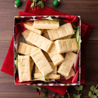Aerial view of cookies in shortbread tin
