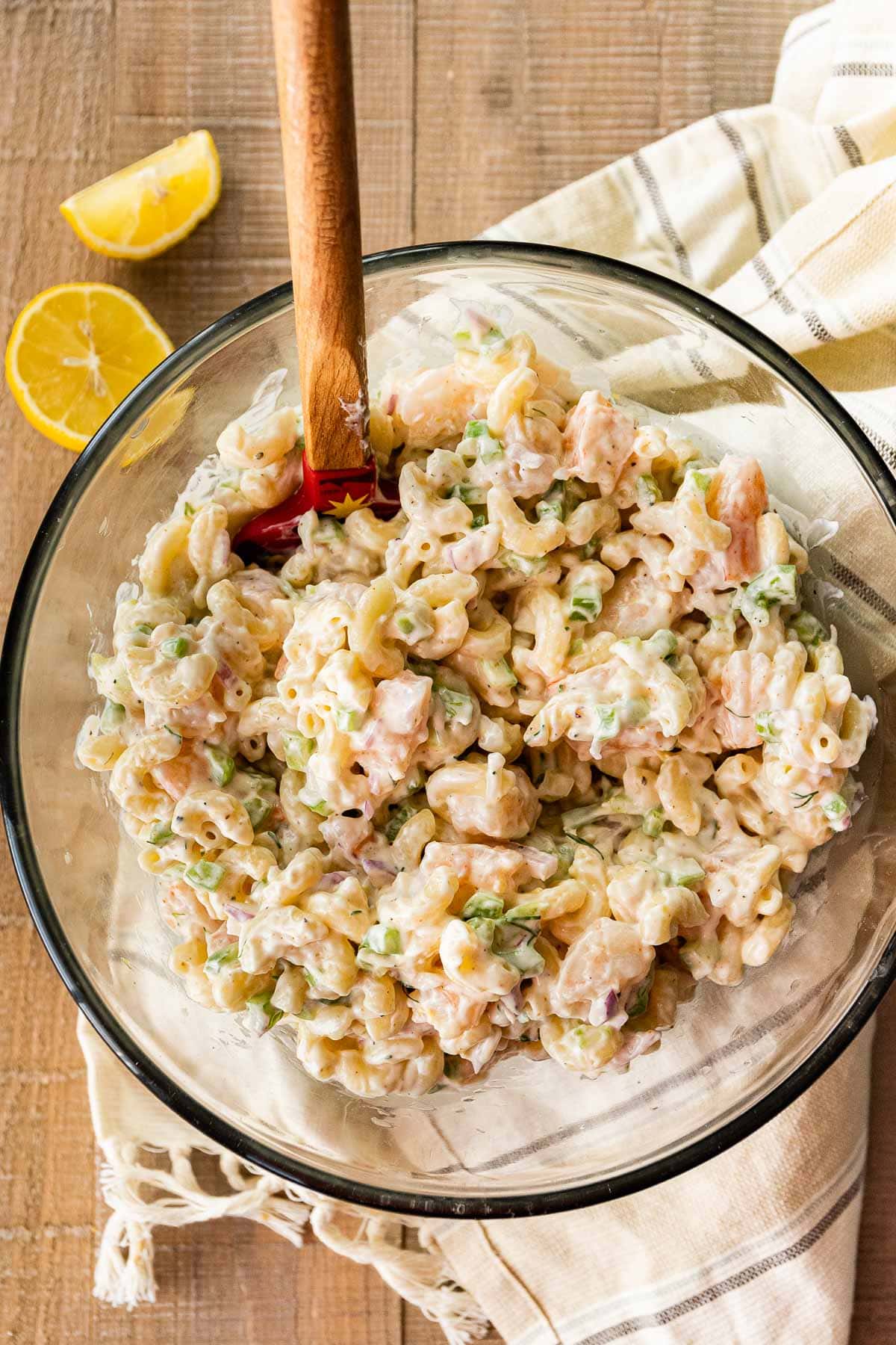 Creamy Shrimp Pasta Salad cooked shrimp all ingredients mixed together in bowl