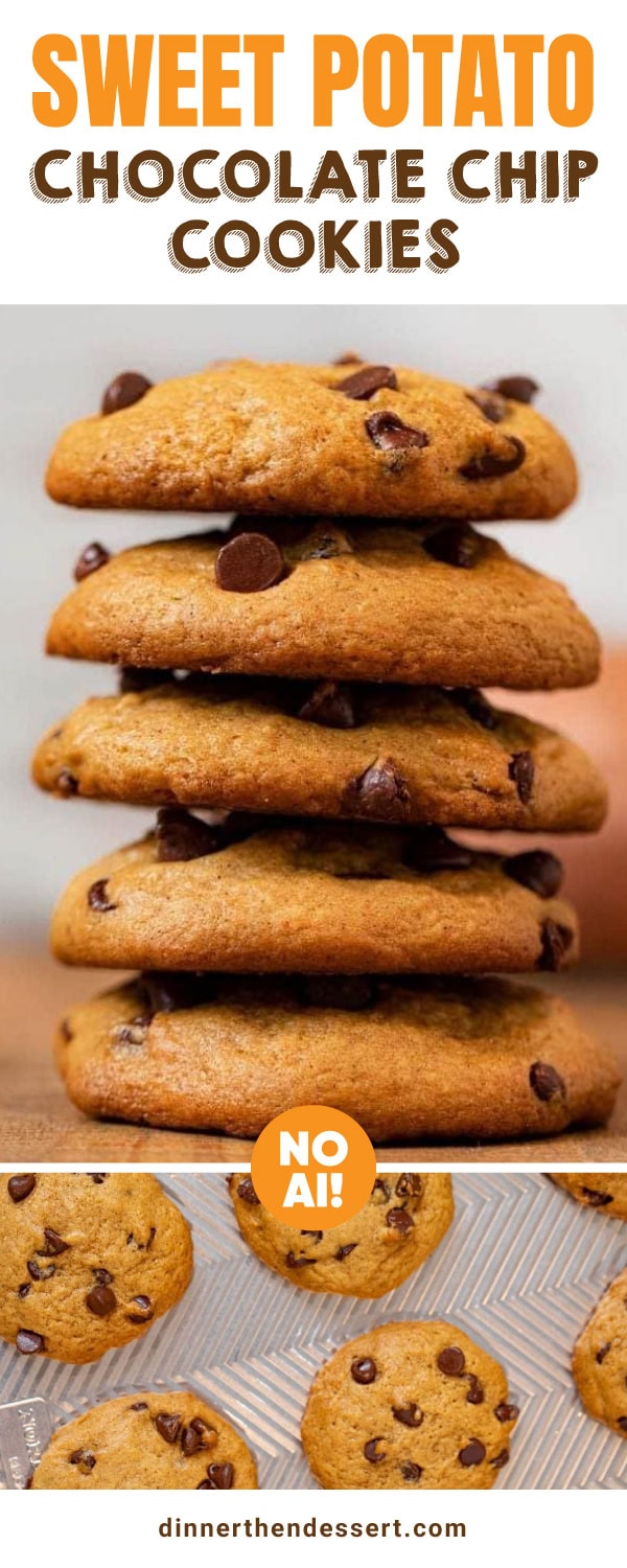 Stack of sweet potato cookies on top of picture of them layed out on baking sheet pin image