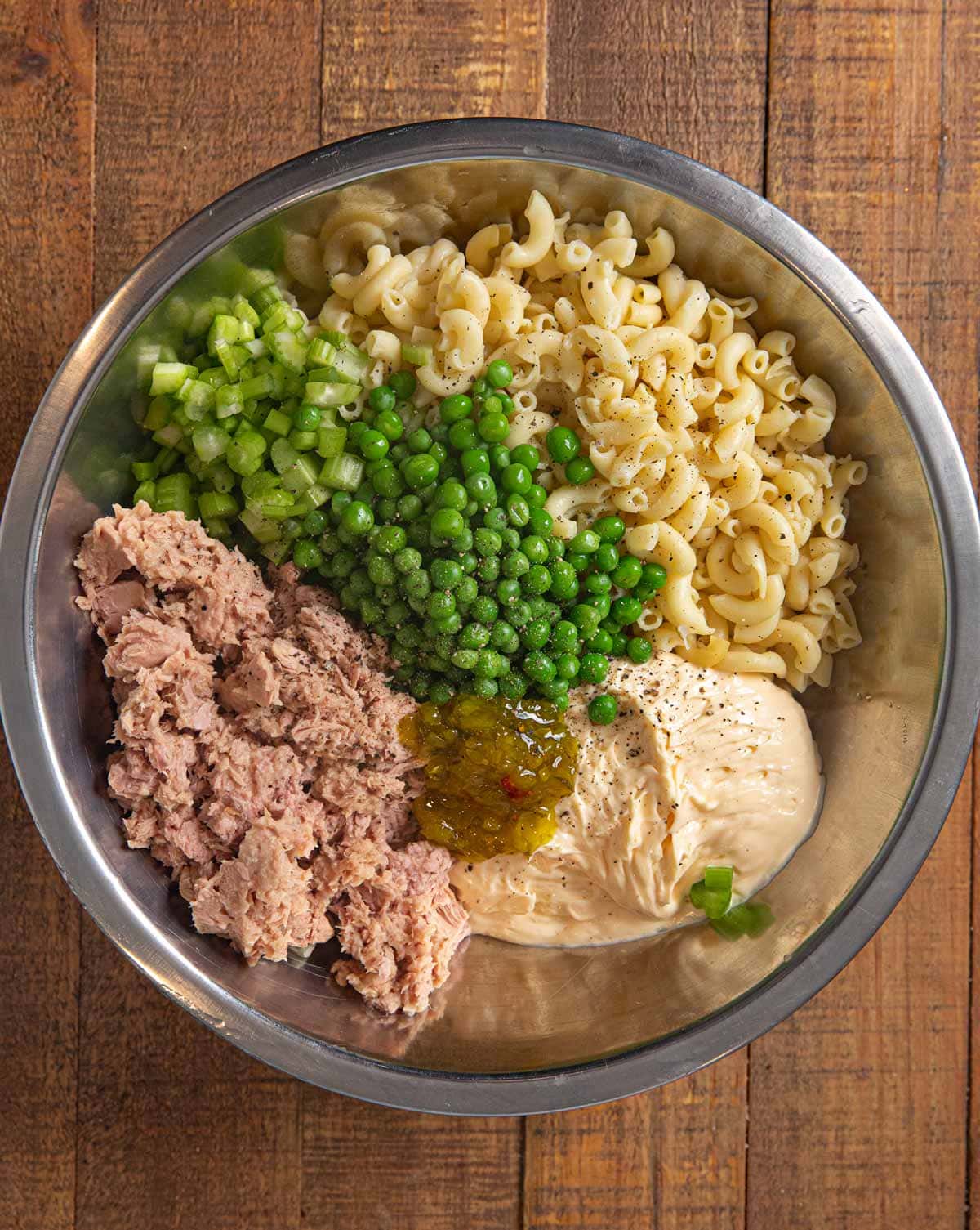 Tuna Pasta Salad ingredients in metal mixing bowl