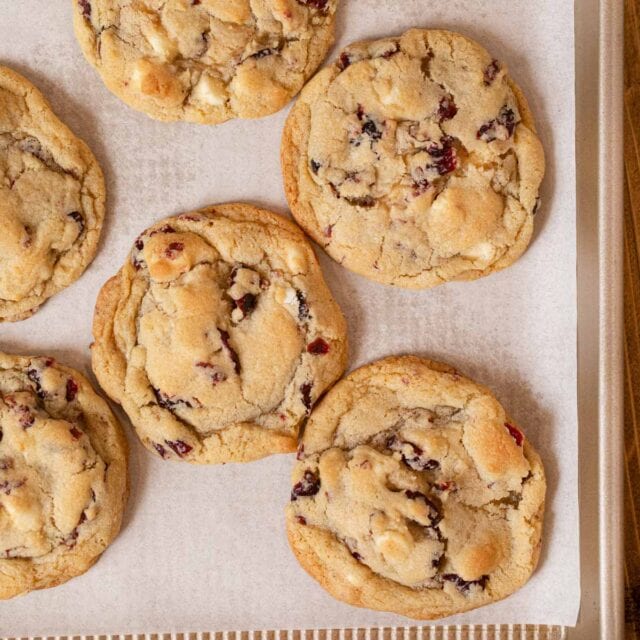 White Chocolate Cranberry Cookies on cookie sheet
