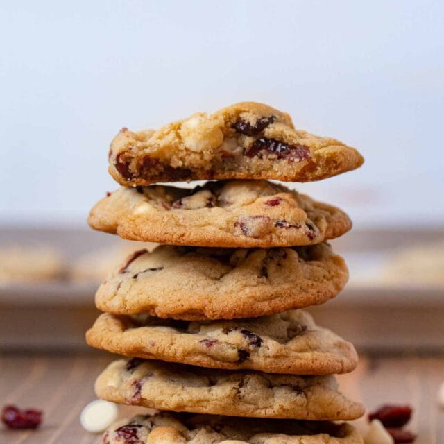 White Chocolate Cranberry Cookies in stack