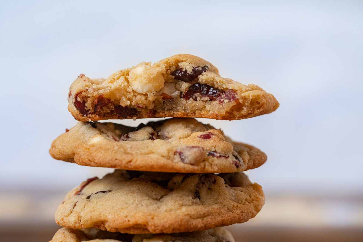 White Chocolate Cranberry Cookies in stack