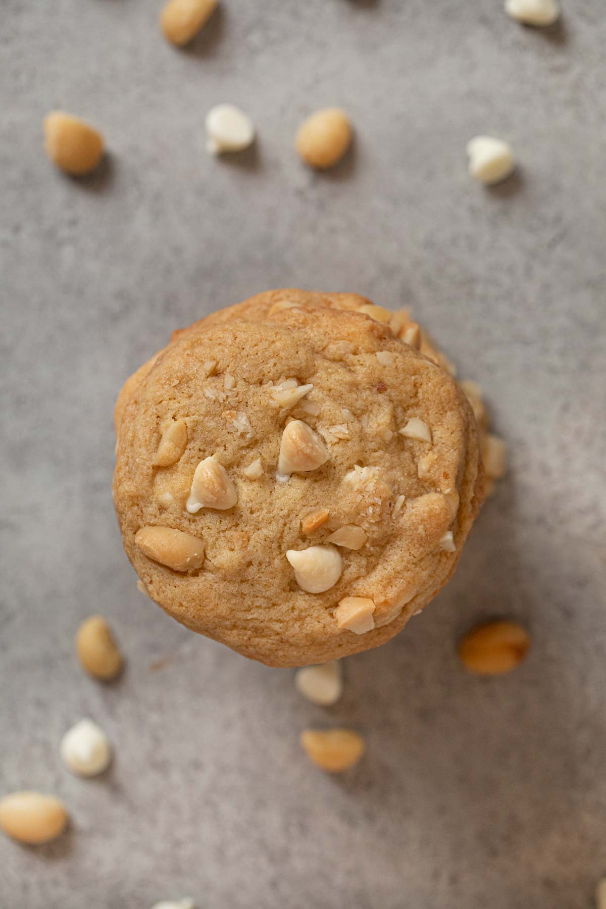 top-down view of White Chocolate Macadamia Chip Cookies in stack