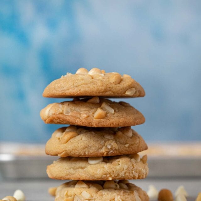 White Chocolate Macadamia Chip Cookies in stack