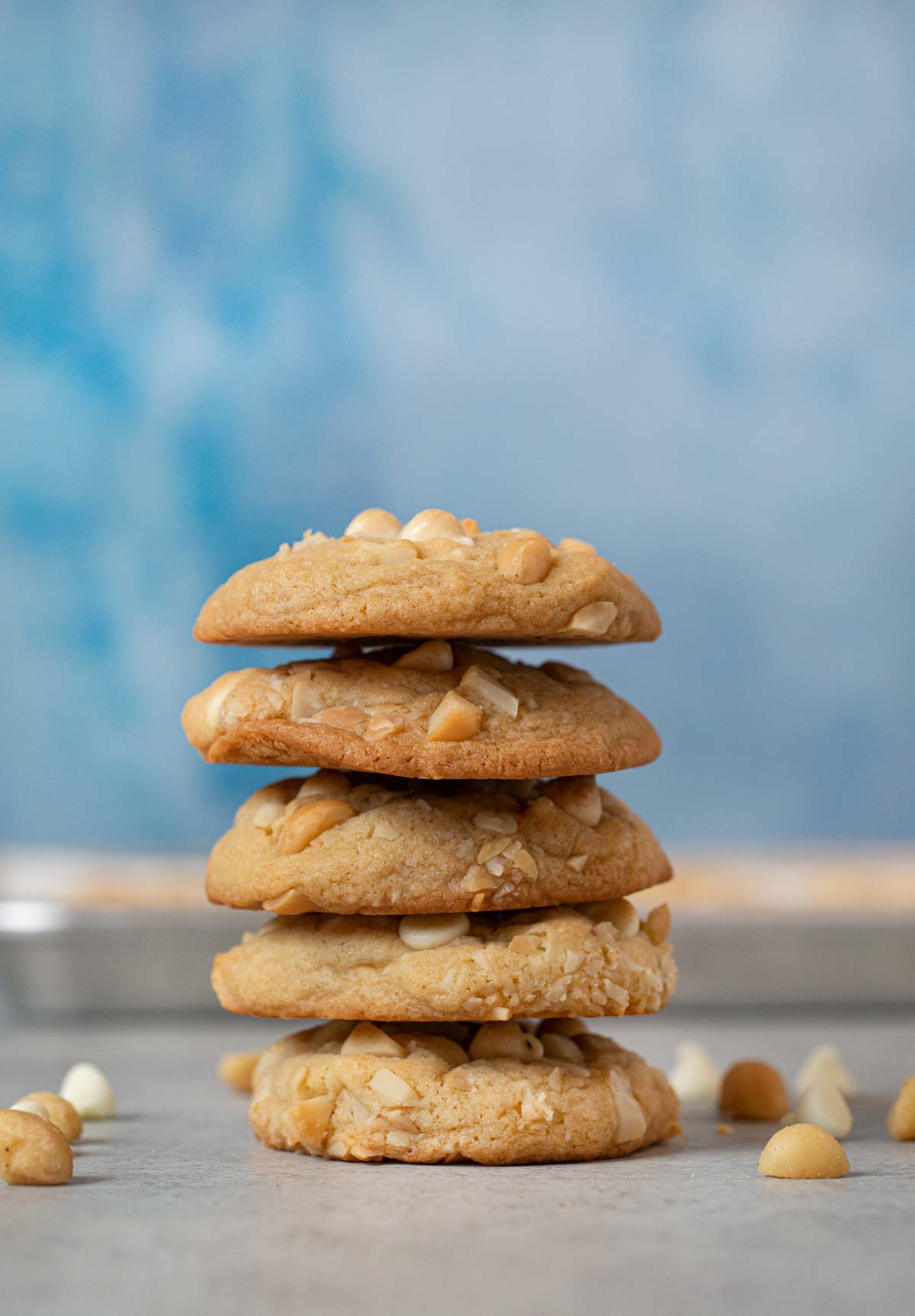 White Chocolate Macadamia Chip Cookies in stack