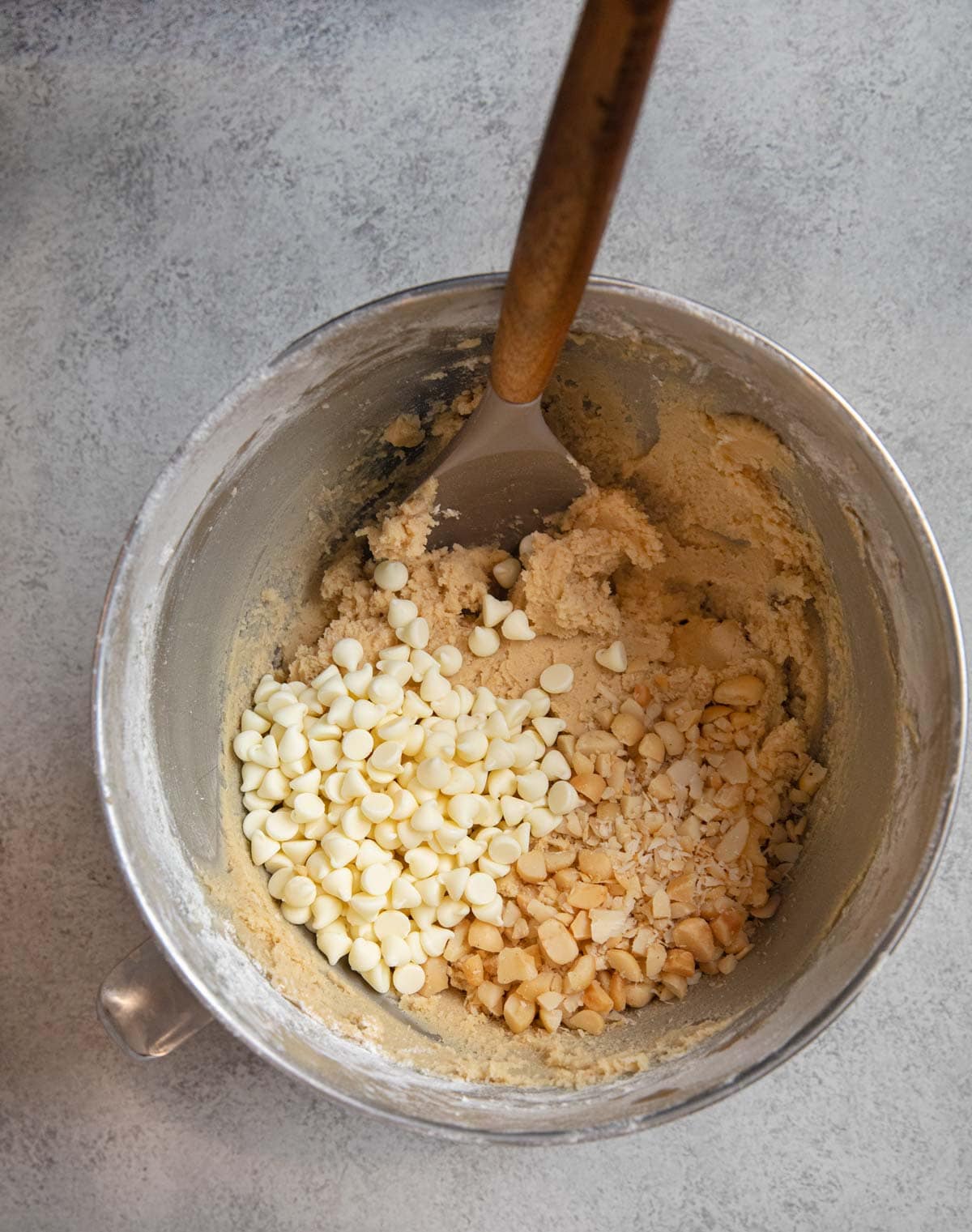 White Chocolate Macadamia Chip Cookies ingredients in mixing bowl