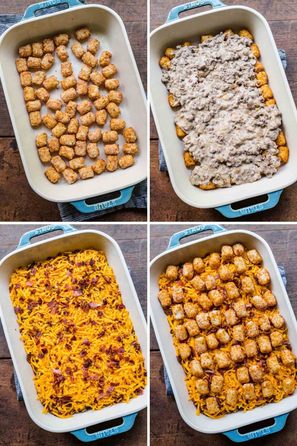 Collage of Bacon Cheeseburger Tater Tot Casserole assembly