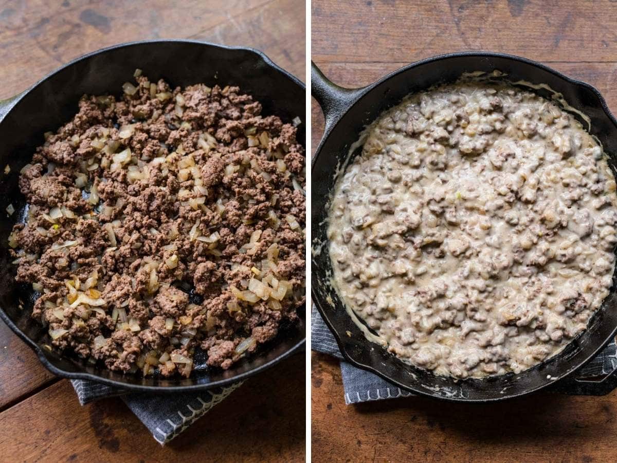 Ground beef before and after adding sour cream mixture for Bacon Cheeseburger Tater Tot Casserole
