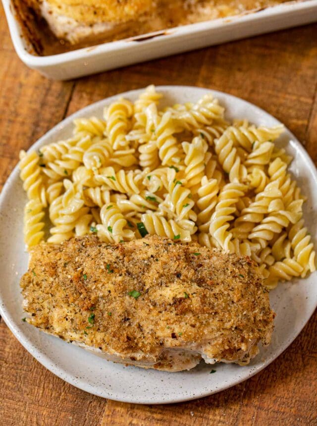 Baked Sour Cream Chicken on plate with pasta