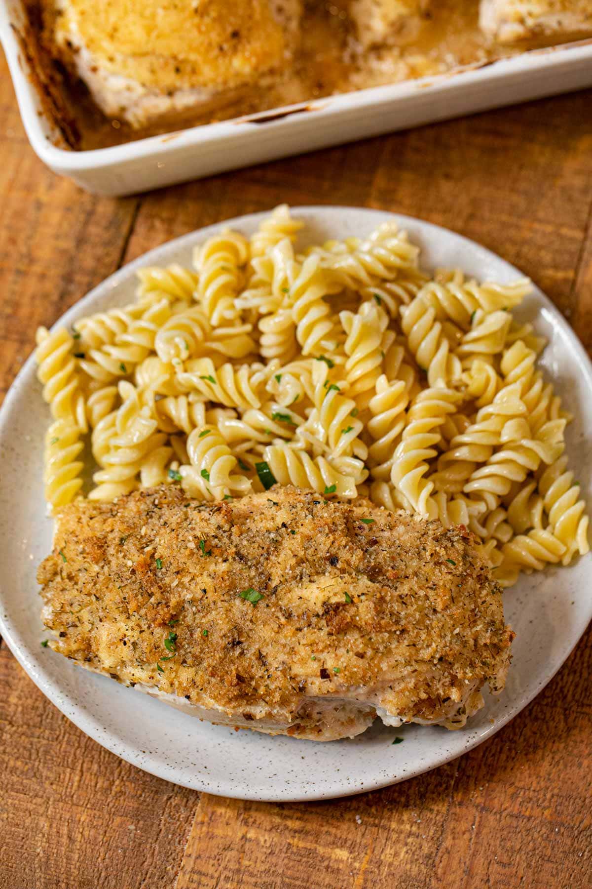 Baked Sour Cream Chicken on plate with pasta