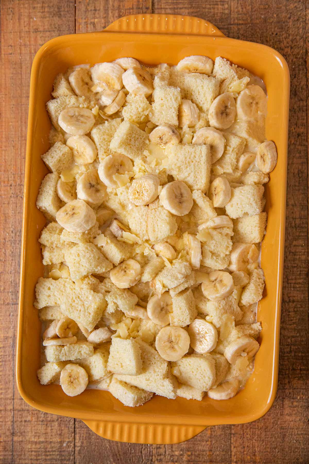 Banana Bread Pudding in baking dish before baking