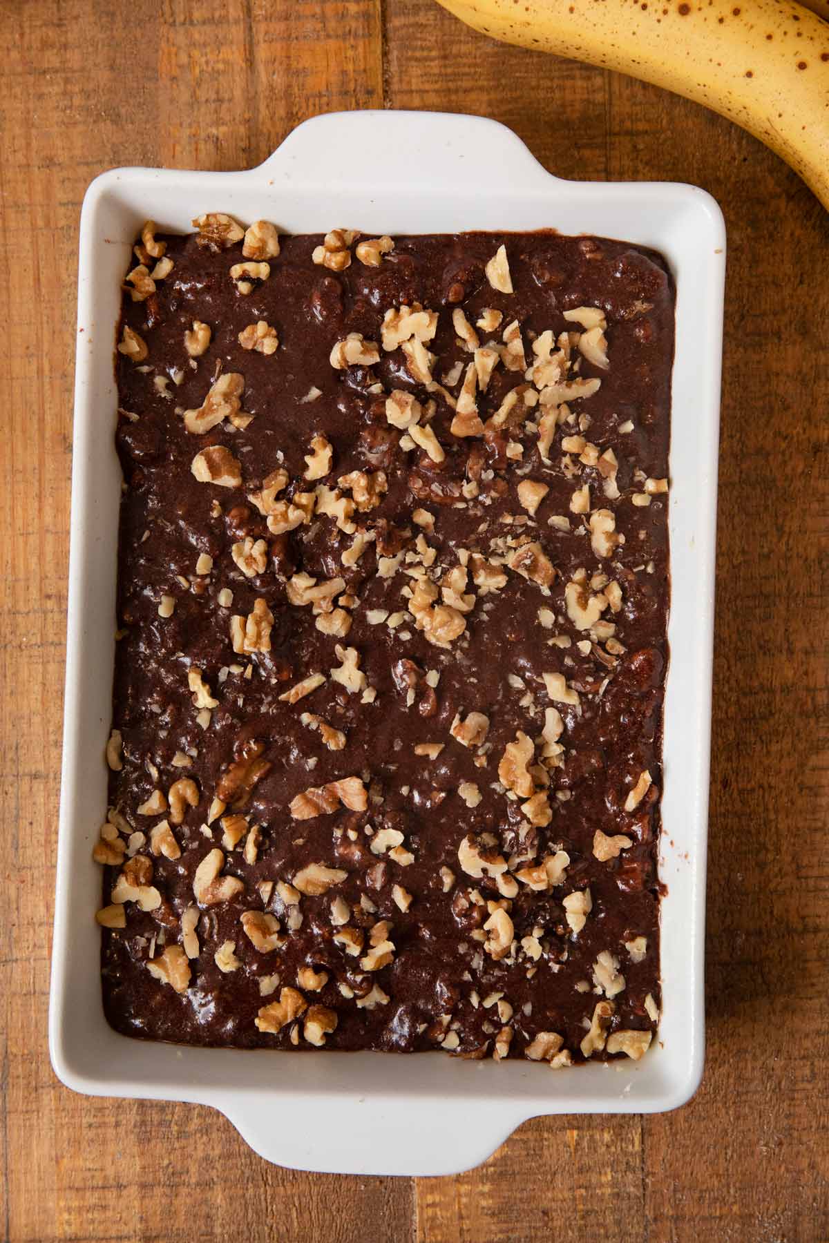 Banana Nut Brownies batter in baking dish