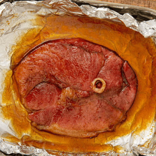 finished ham in baking dish